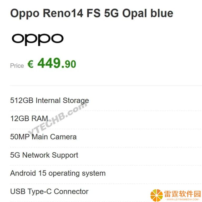 OPPO Reno14 FS 5G 手机曝光：5000 万主摄，12GB+512GB 组合售 450 欧元