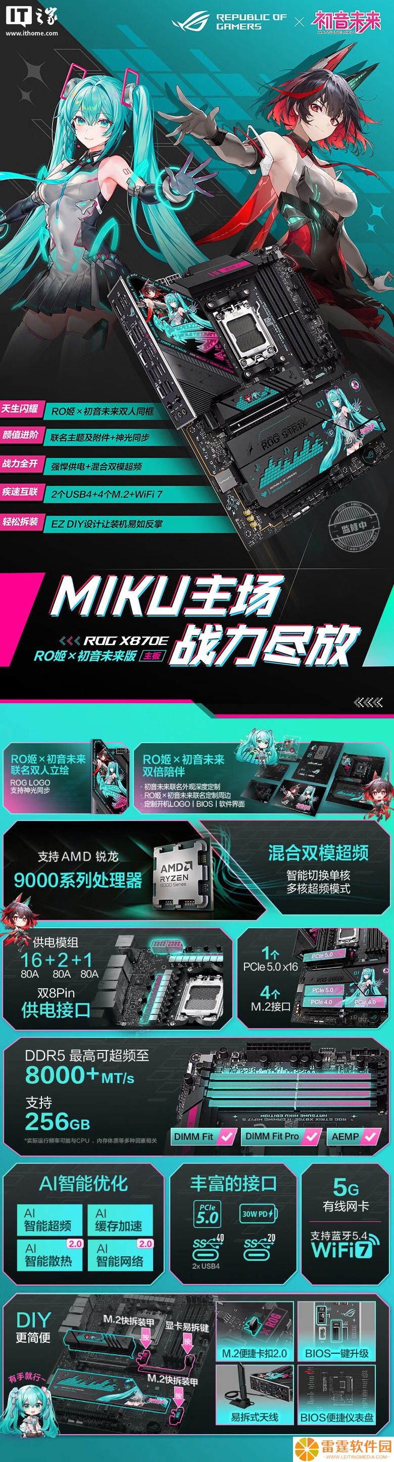 3199 元，华硕 ROG 初音未来 IP 定制 X870E-H S MIKU 主板上架