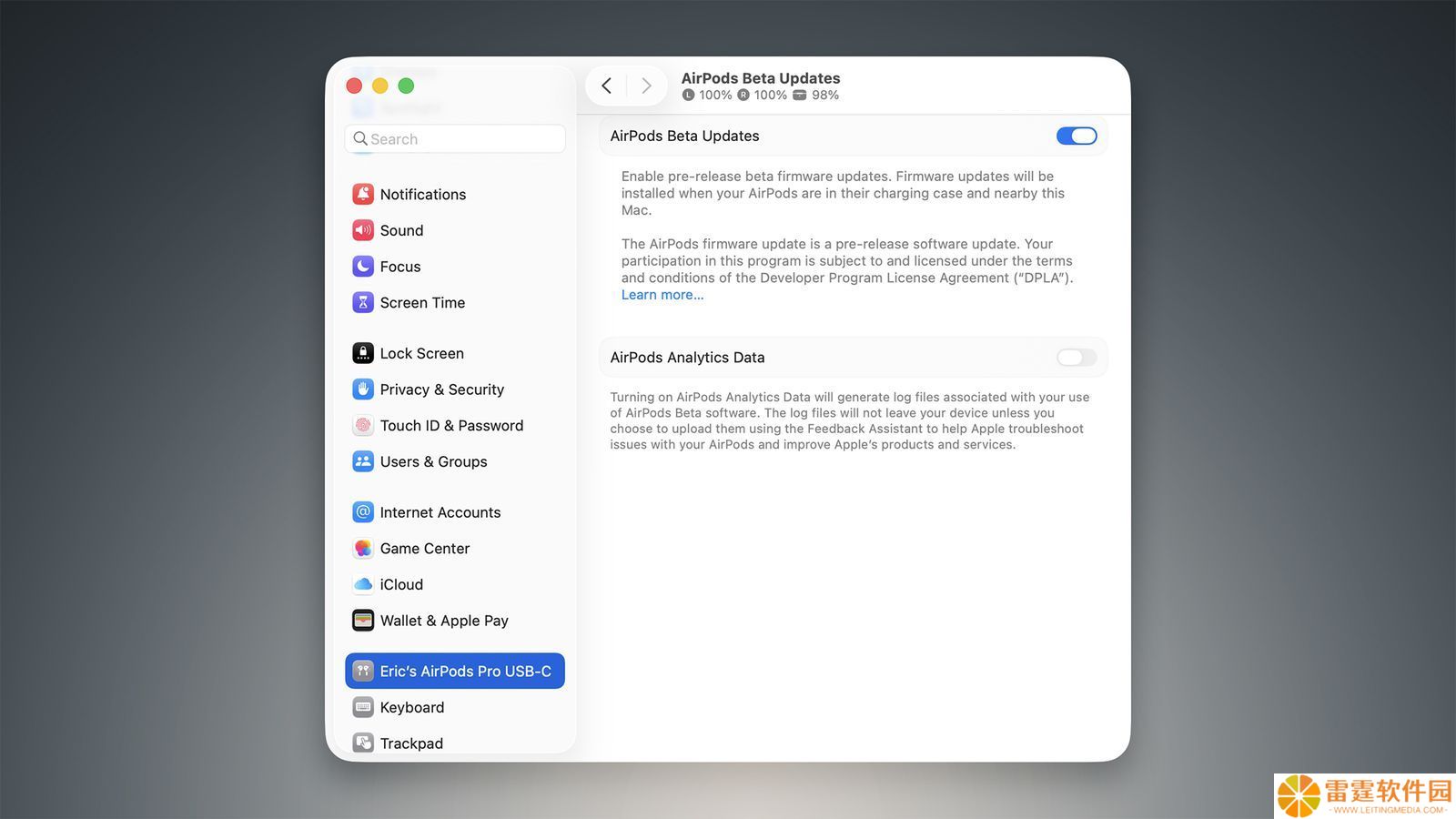 苹果 macOS 26 Tahoe Beta 2 支持注册 Beta 版 AirPods 固件