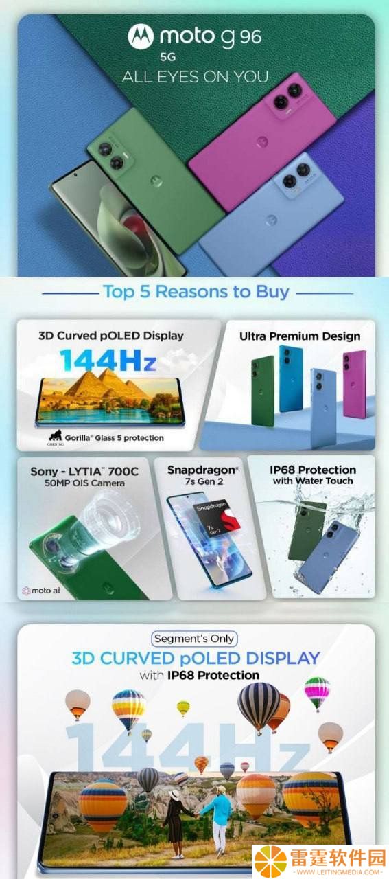 摩托罗拉 Moto G96 5G 手机宣传图曝光：144Hz 曲面 pOLED 屏幕、IP68 防水、骁龙 7s Gen 2 芯片